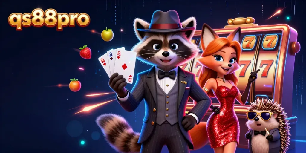 Experience the excitement of qs88pro with a suave raccoon and stylish fox in a vibrant casino scene.