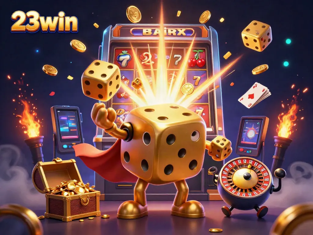 Experience thrilling wins with the vibrant 23win casino scene showcasing golden dice and a jackpot explosion.