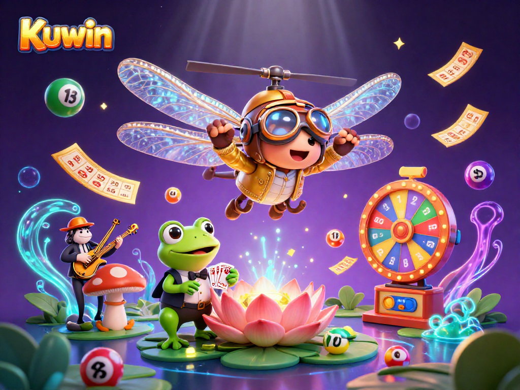 Kuwin offers an immersive gaming environment with a lively dragonfly pilot and lively casino scene.