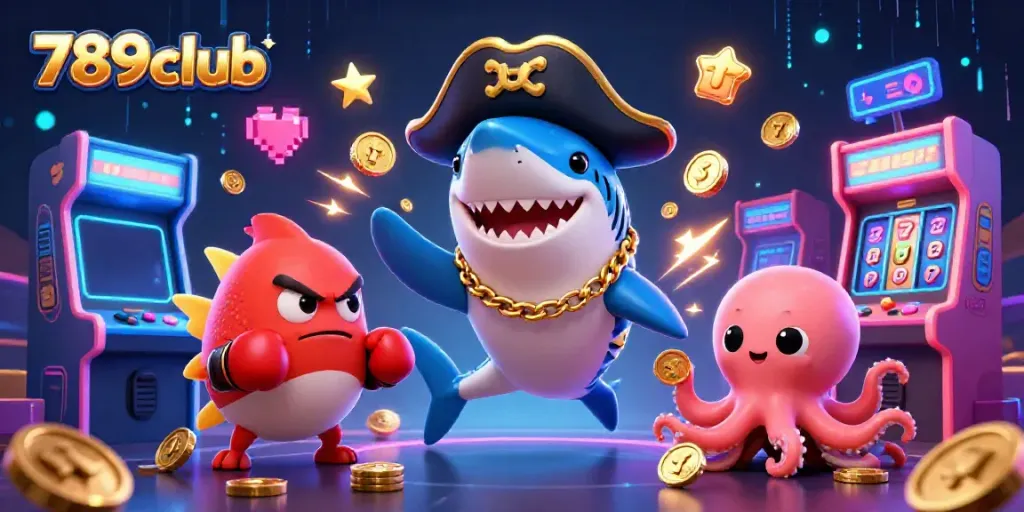 Engage with the vibrant scene at 789club featuring a dynamic pirate shark and pufferfish amid casino-themed arcade games.