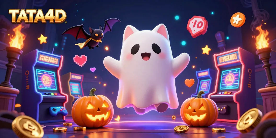 Join TATA4D’s thrilling adventure with a ghost cat and vampire bat in a lively haunted casino.
