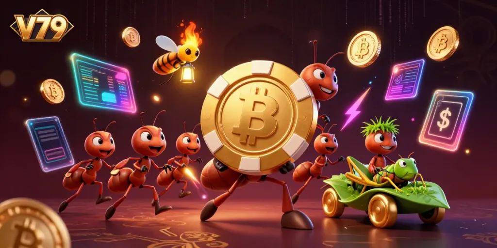 V79 - Nhóm kiến tham gia vào vụ cướp, mang theo chip poker khổng lồ giữa không gian casino.