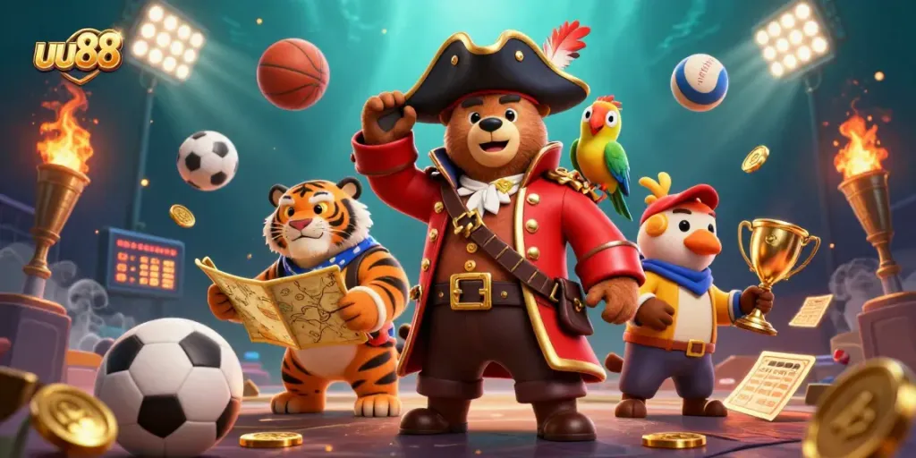 Spin and win with uu88 in a dynamic 3D cartoon scene featuring a pirate bear, tiger, and treasure elements.