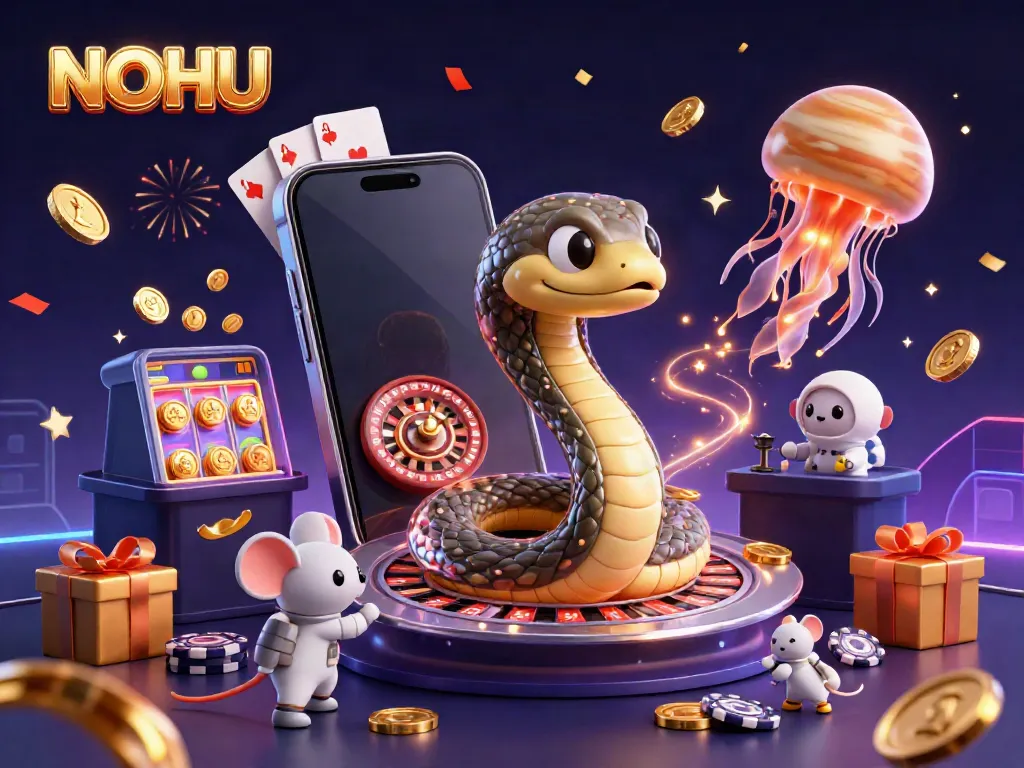 Experience thrilling bets at NOHU with a dynamic cosmic scene featuring casino elements and games.