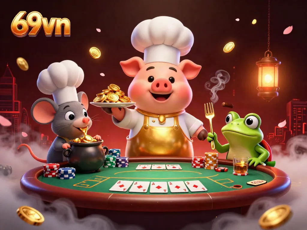 A vibrant casino scene with a 3D chef pig serving gold coins, showcasing the excitement of 69vn gaming.