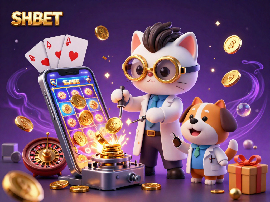 Engage with SHBET's vibrant gaming experience featuring a mad scientist cat creating a coin-replication machine amidst casino elements.