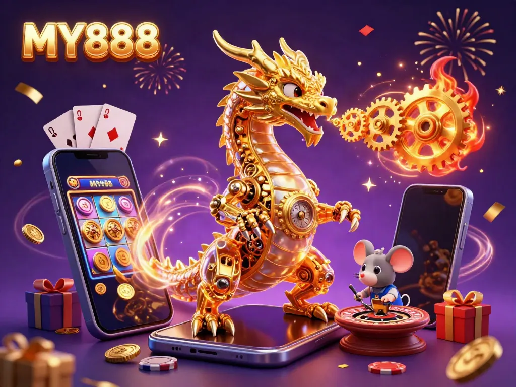 Experience the excitement of MY888 with a golden dragon and casino elements in a vibrant 3D illustration.