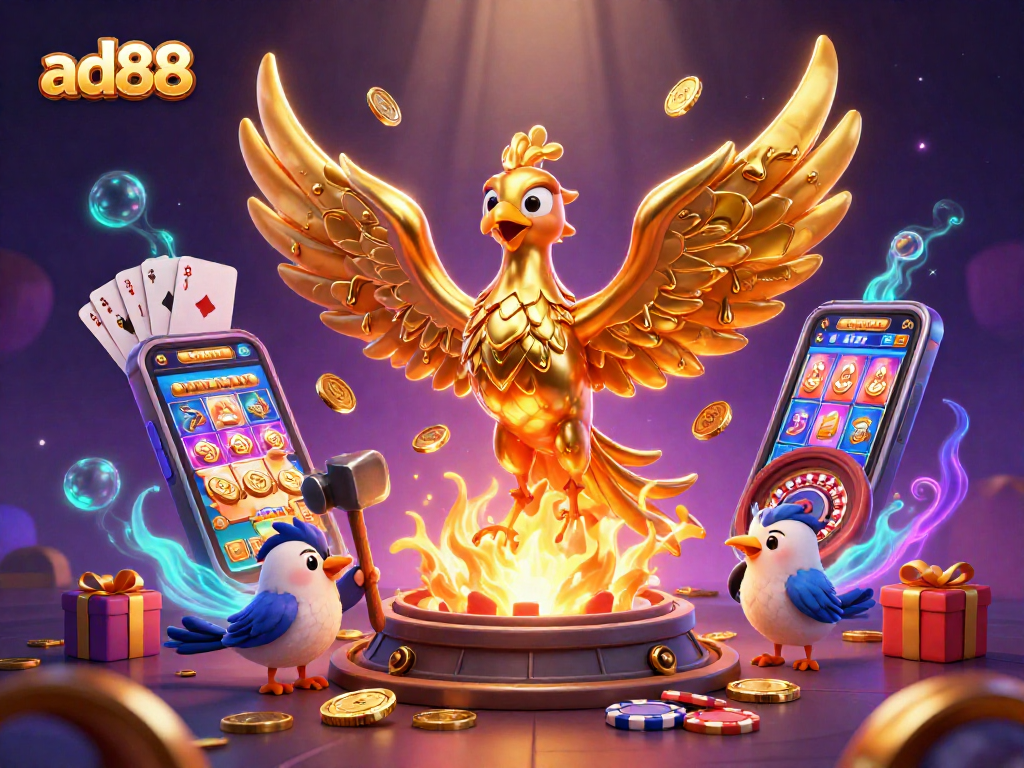 Play thrilling games at ad88 with a golden phoenix symbolizing fortune and prosperity in a vibrant casino scene.