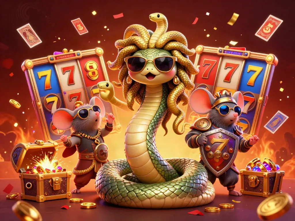 Experience the excitement of winning at B52Club with Medusa and a warrior mouse in a colorful casino scene.