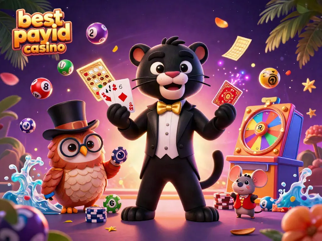 Experience thrill at the best PayID casino with this vibrant illustration of playful characters and dynamic casino elements.