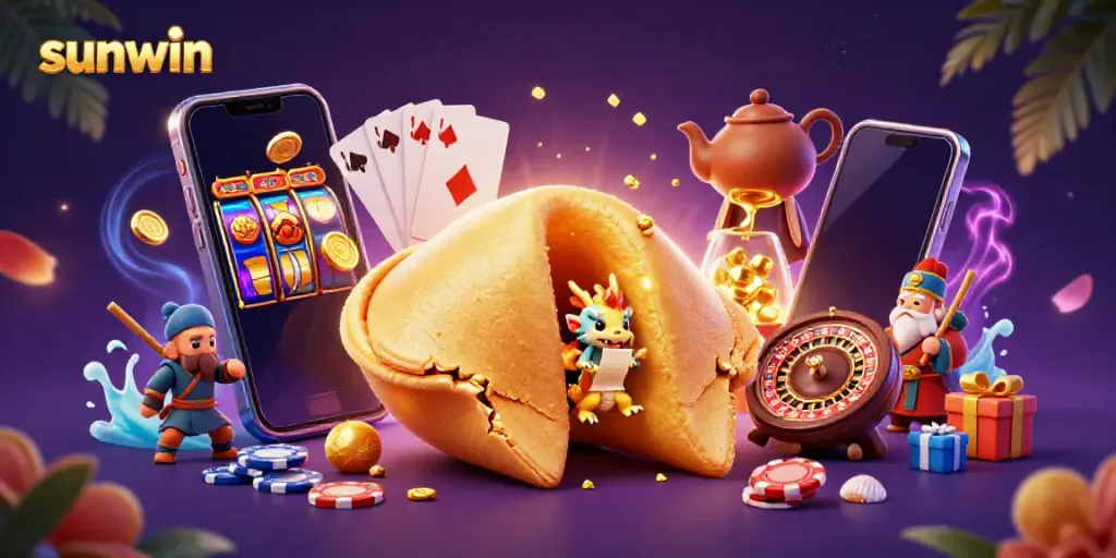 Experience the vibrant world of sunwin with a dynamic casino scene featuring a giant golden fortune cookie, tiny dragon, and animated gaming elements.