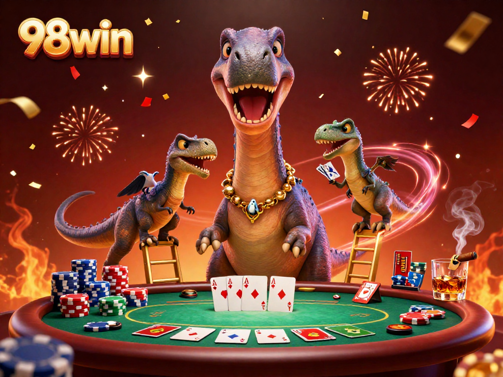 Experience the thrill of 98win with a towering brontosaurus and clever raptor in a lively casino setting.