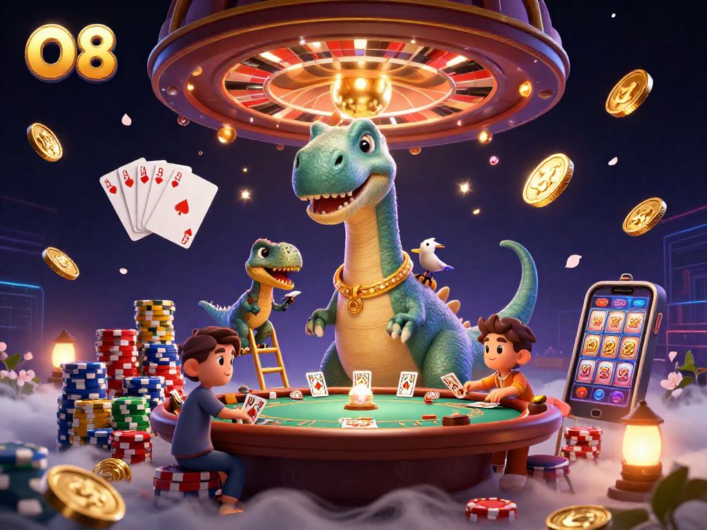 O8 players deal cards while experiencing thrilling casino action among vibrant gaming elements.