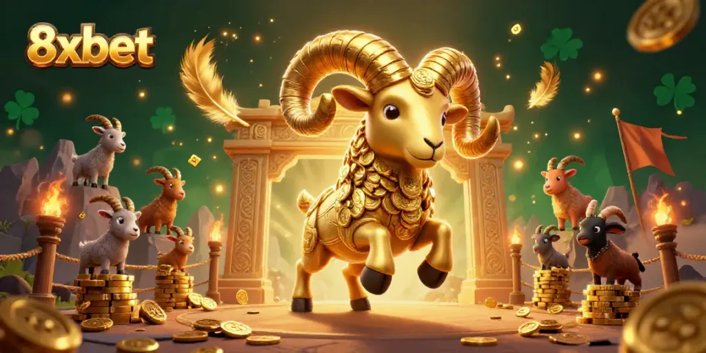 Experience the thrill of 8xbet with a dynamic 3D scene showcasing a golden ram and casino elements.