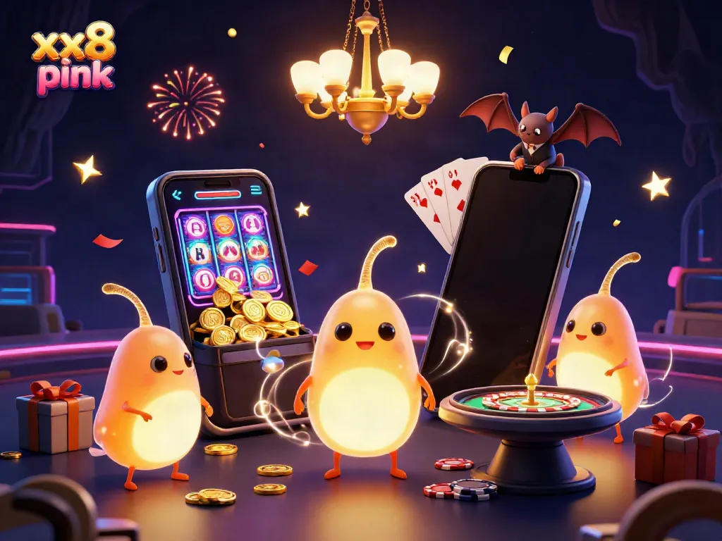 Engage with vibrant gaming at xx8 pink's illustrated cave casino featuring glowworms.