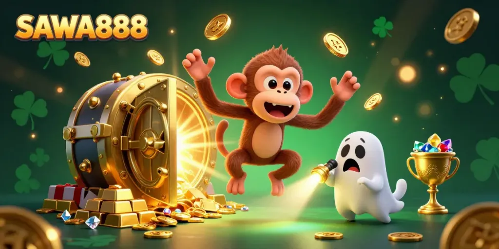 Engaging SAWA888 casino illustration with ghost-hunter and poltergeist monkey amid sparkling treasures and gold.