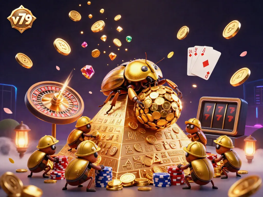 Engage in thrilling gameplay at v79 with vibrant casino elements and gold coins cascading around.
