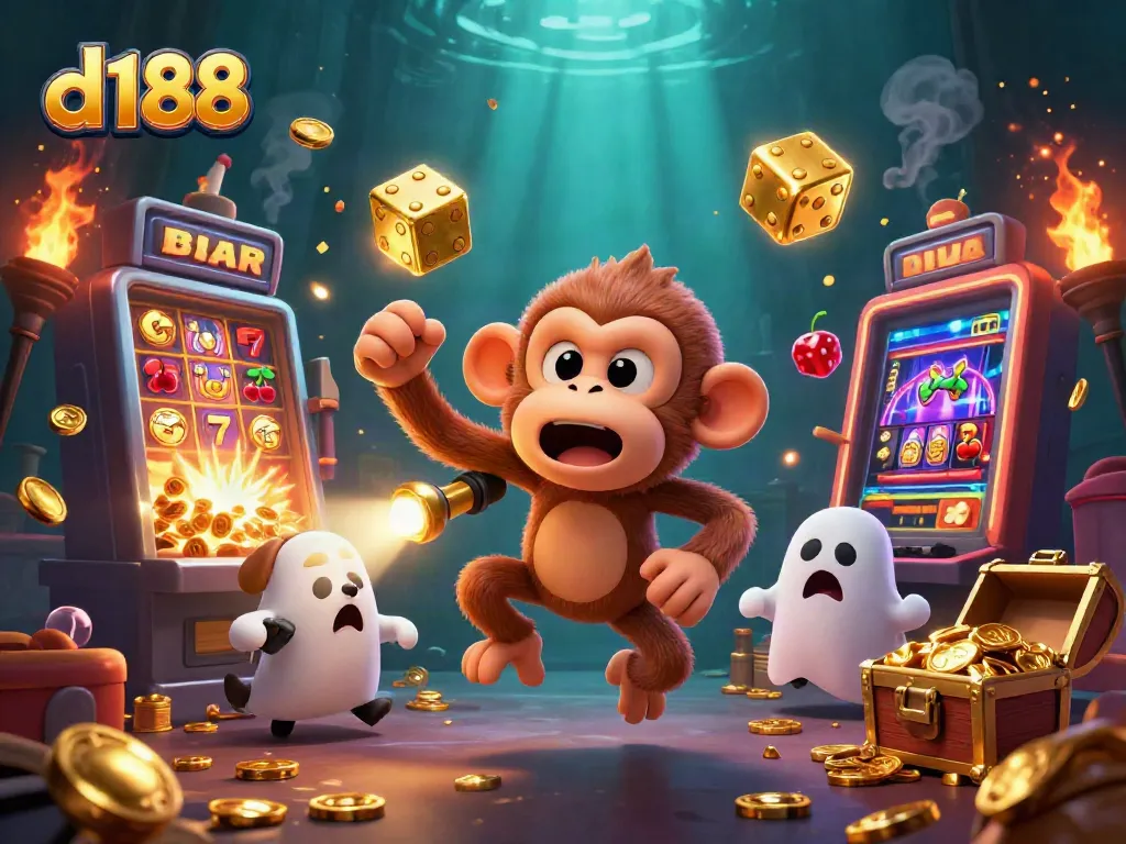 d188 captivates players with a lively 3D scene of a playful monkey juggling casino treasures.