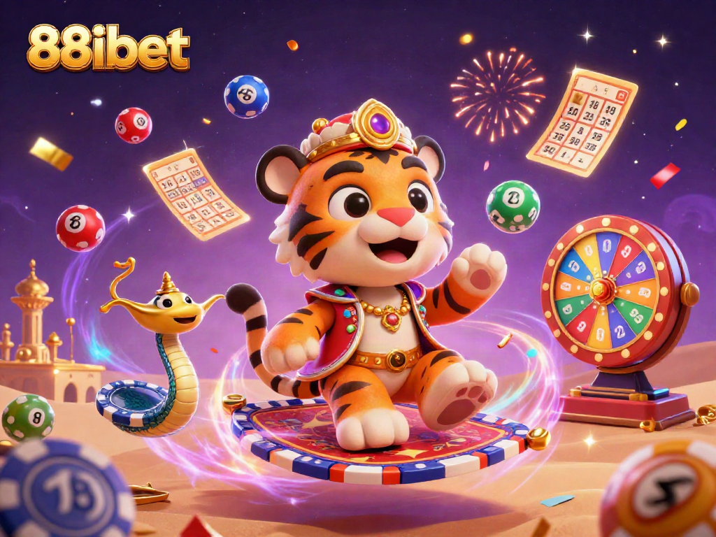 88ibet showcases a vibrant 3D casino scene with a tiger sultan and lottery elements in a magical desert.