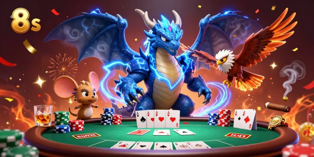 Engage in competitive poker with the thrilling fantasy of 8 S, visualized through dynamic characters and casino elements.