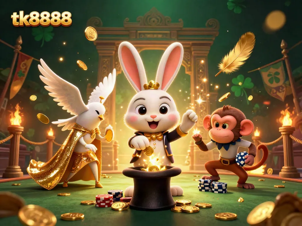 Experience an exciting gaming atmosphere with tk8888 as a magician rabbit conjures coins and a dove enchants the scene amidst casino-themed elements.