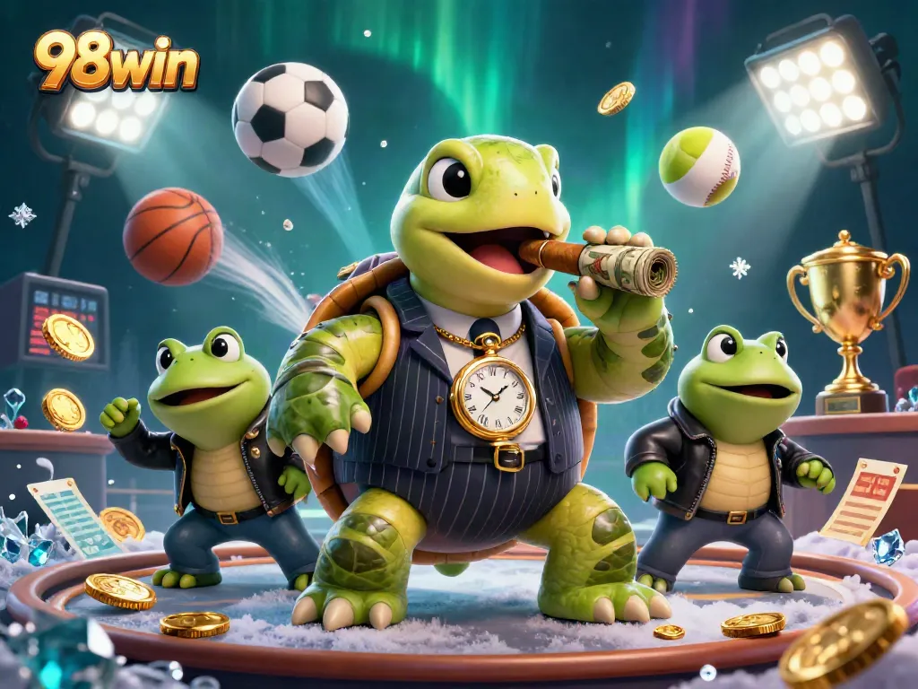 Experience thrilling gaming action with 98win's vibrant casino illustration and dynamic sports elements.
