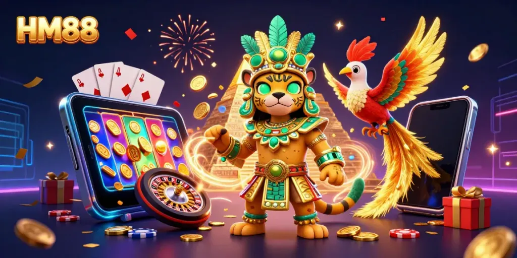 Engage with HM88's vibrant online gaming universe featuring a Mayan priest and casino elements.