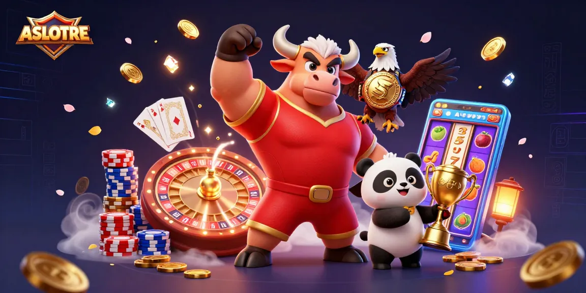 ASLOTRE showcases a dynamic casino scene with characters celebrating a jackpot amidst shimmering riches.
