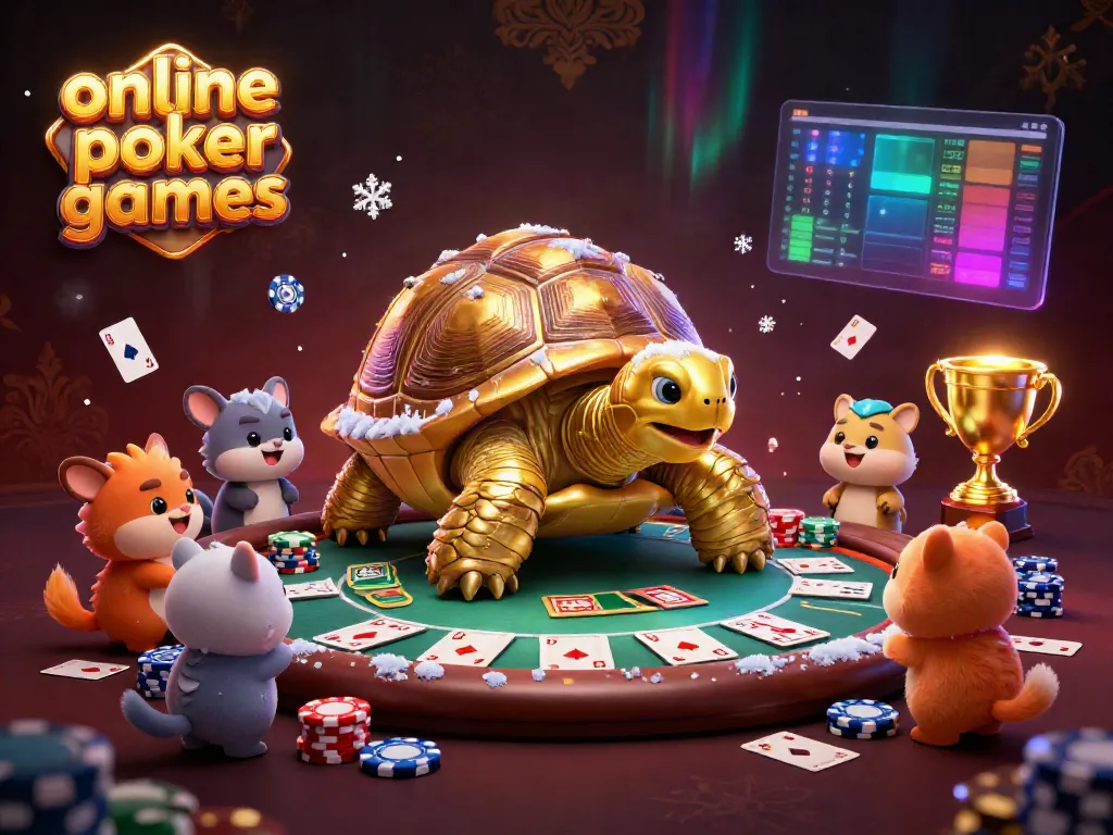 Engage in thrilling online poker games with a colossal golden tortoise poker table, vibrant chips, and excited players.