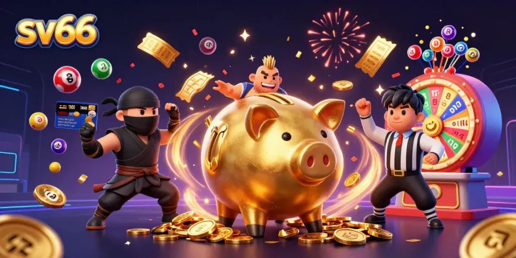 Experience thrilling gameplay with sv66 as golden coins and vibrant lottery balls fill the air.