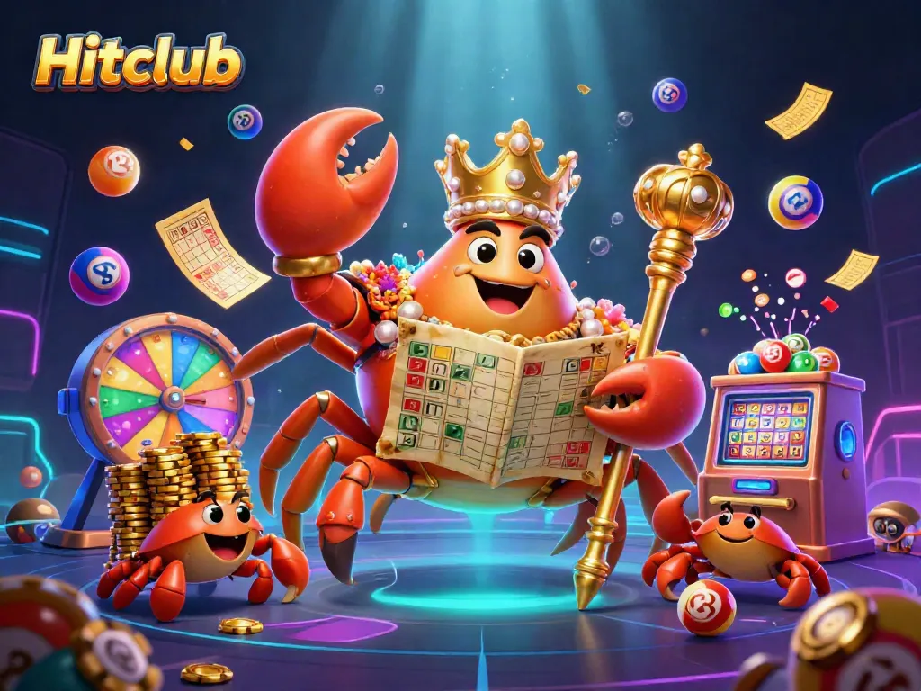 Experience thrilling gameplay at Hitclub with an exciting 3D illustration featuring a gold crab emperor and vibrant lottery elements.