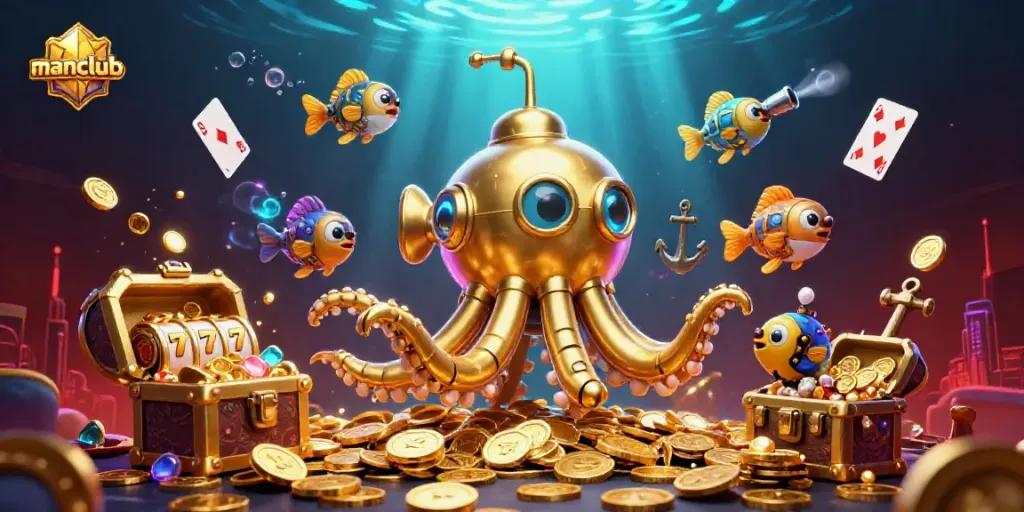 Experience the excitement of winning with Manclub's immersive golden kraken and colorful gambling elements.