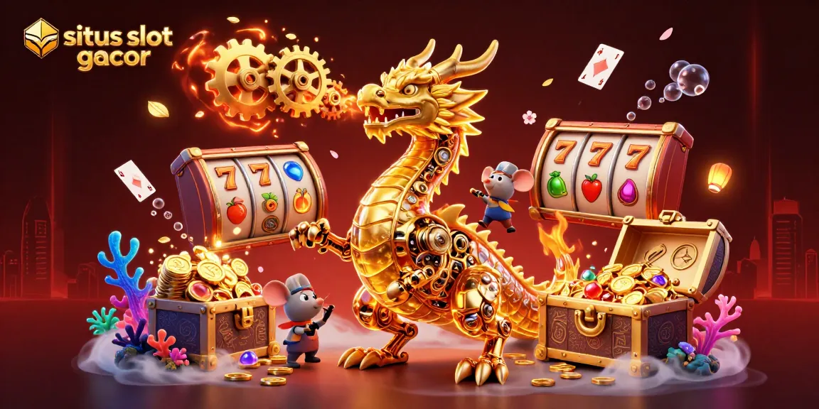 Experience situs slot gacor with an exciting illustration of a dragon among slot symbols and treasure.