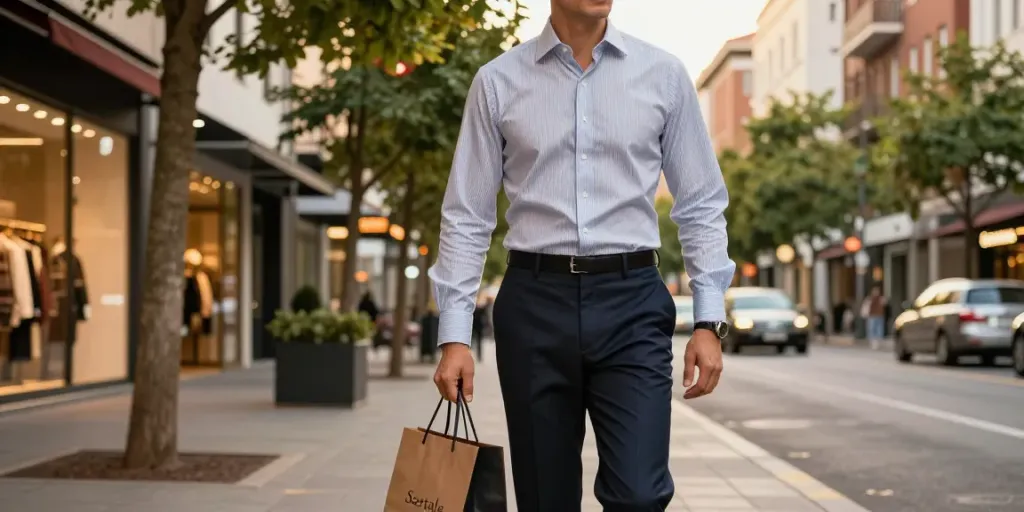 Stylish man in men's classic clothing exploring the city with Sartale shopping bag.