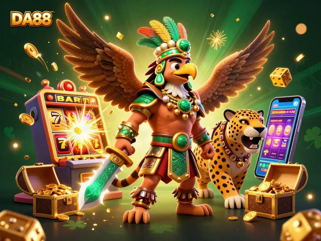 Experience thrilling gaming at DA88 with vibrant Aztec-themed characters and jackpot elements.