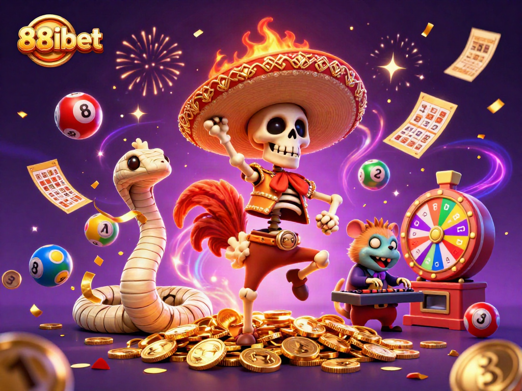 88ibet's vibrant winning celebration scene featuring a mariachi rooster, mummy snake, and DJ hamster.