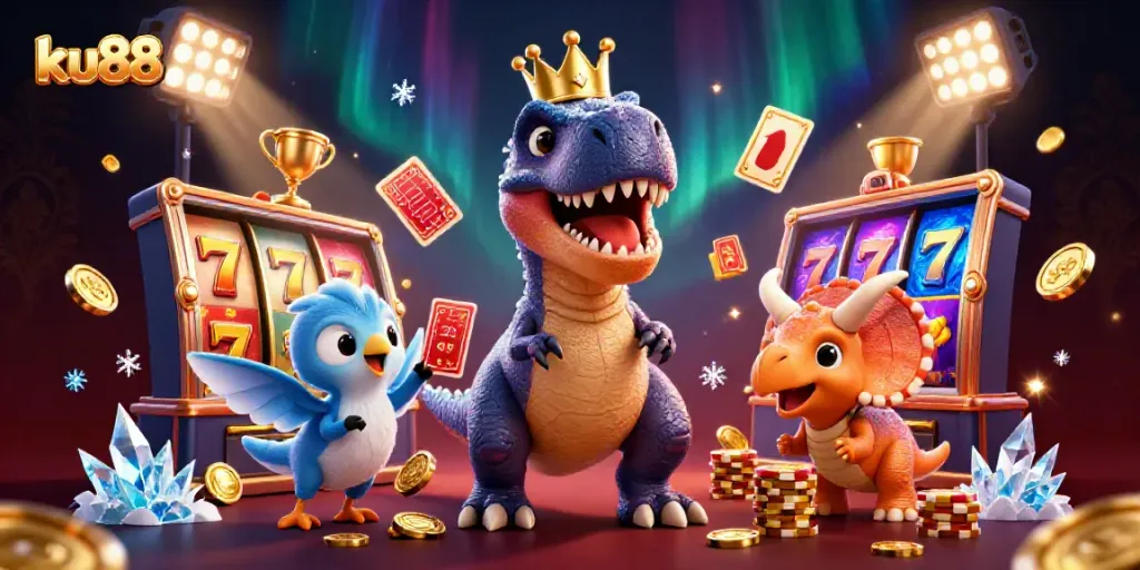 Experience thrilling action at ku88 with a playful T-Rex shuffling cards amidst dazzling slots.
