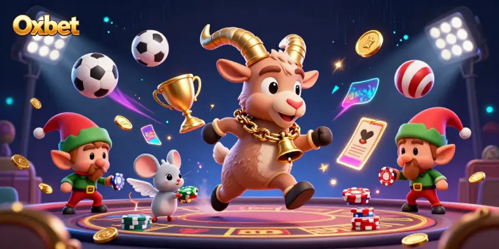 Engage in thrilling gameplay at Oxbet with festive characters in a lively casino setting.