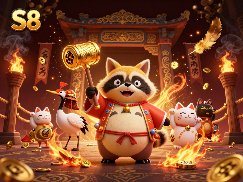 Engage with S8's colorful gaming experience featuring a cheerful tanuki and vibrant characters.