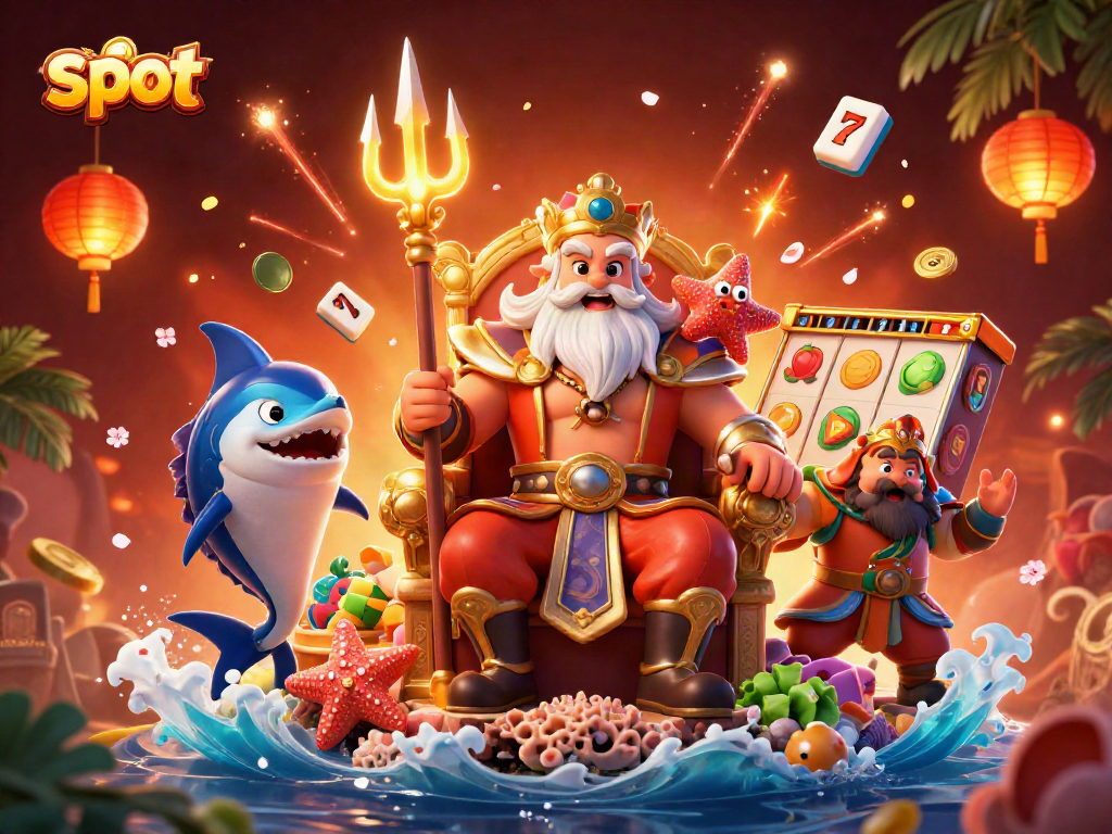 Spin the slot reels with Neptune, samurai, and vibrant elements in this 3D casino illustration.