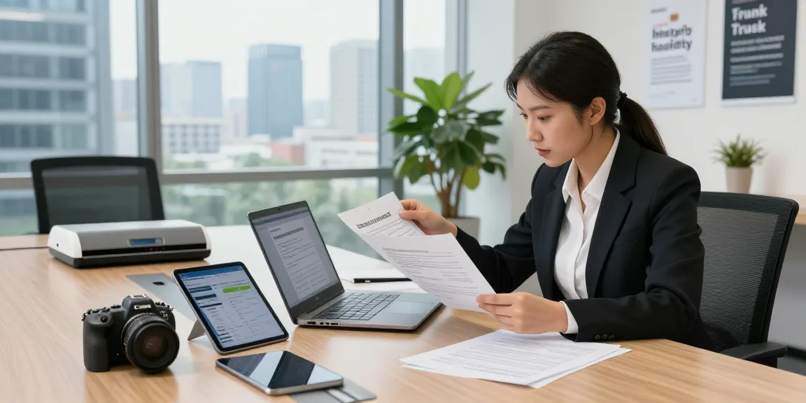 Professional environment showcasing document fraud detection analysis with digital and printed documents on a conference table.