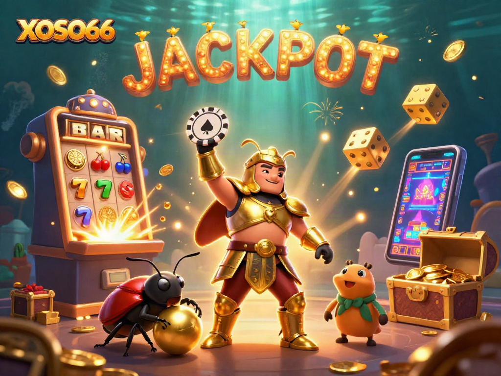 XOSO66 features a victorious beetle showcasing gambling treasures in a dynamic casino scene