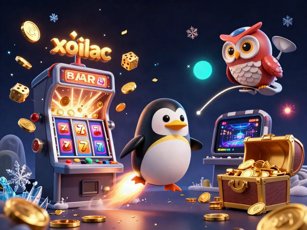Win big with xoilac as a golden penguin blasts into a colorful casino-themed cosmic adventure.