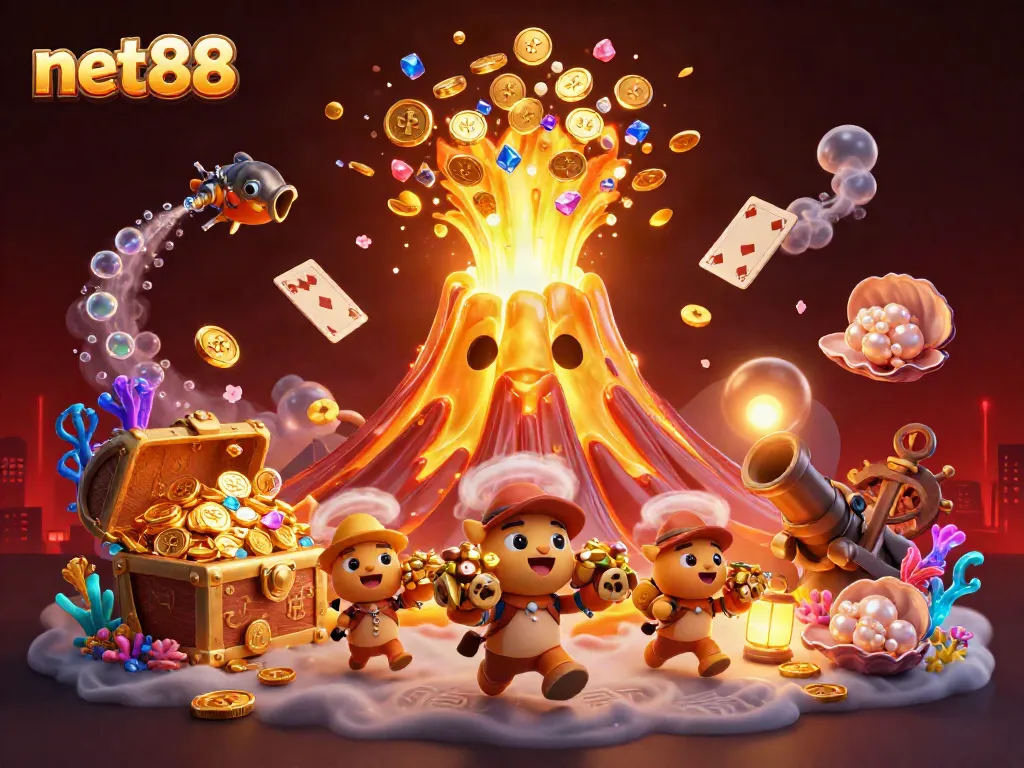 Watch net88's golden volcano erupt treasures in this captivating casino scene.