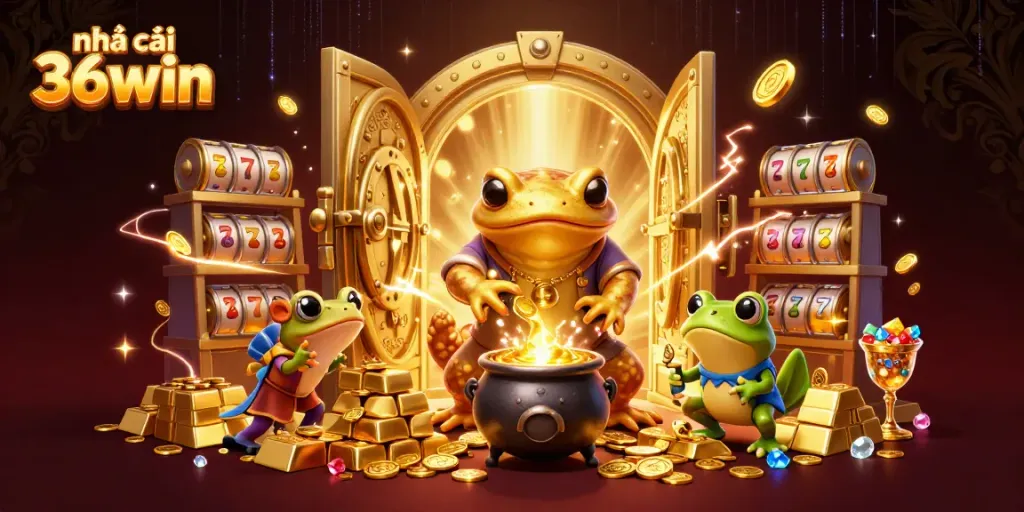 Experience epic gameplay at Nhà cái 36win with a vibrant 3D casino scene featuring gold treasures and dynamic slot elements.