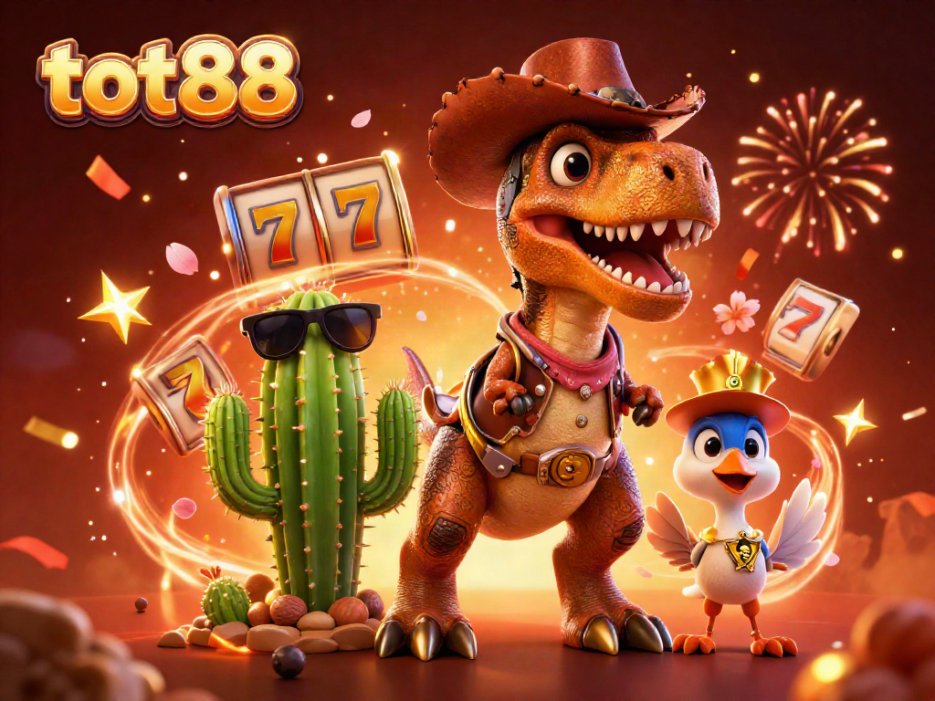 Win big with tot88 in this vibrant casino scene featuring a T-Rex and slot reels.