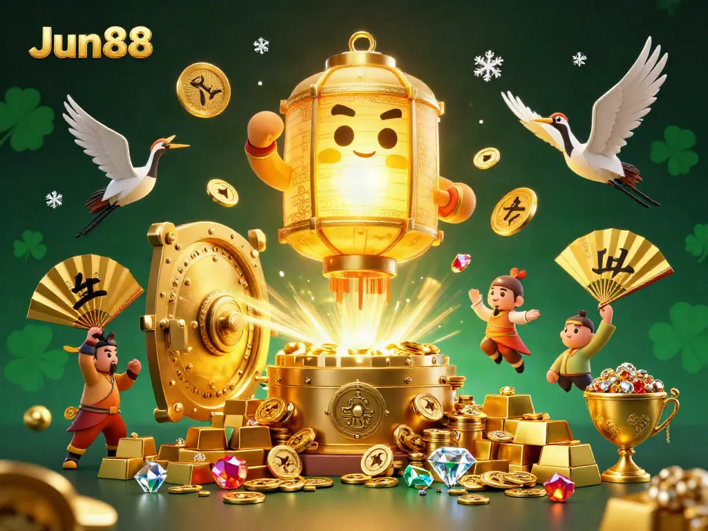 Experience the excitement of Jun88 with this vibrant 3D illustration showcasing golden treasures and dynamic casino elements.