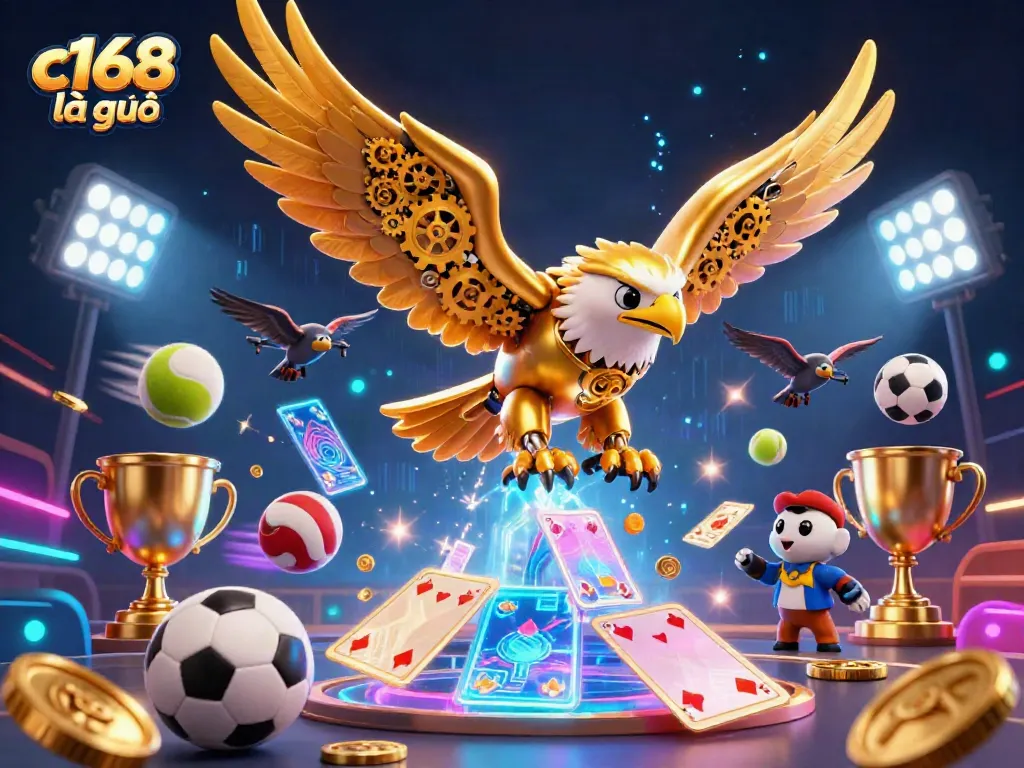 Experience the excitement of c168 là gì with a dynamic scene of a cybernetic eagle and holographic cards, emphasizing casino thrills.