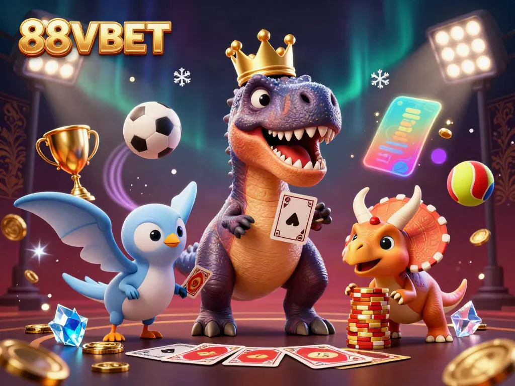 Engaging 3D illustration of a playful T-Rex and friends showcasing sports betting activities at 88VBET.