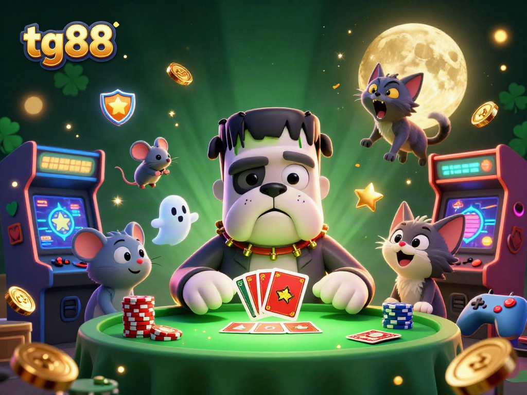 tg88 showcases a spooky casino scene with a Frankenstein bulldog monster dealing cards